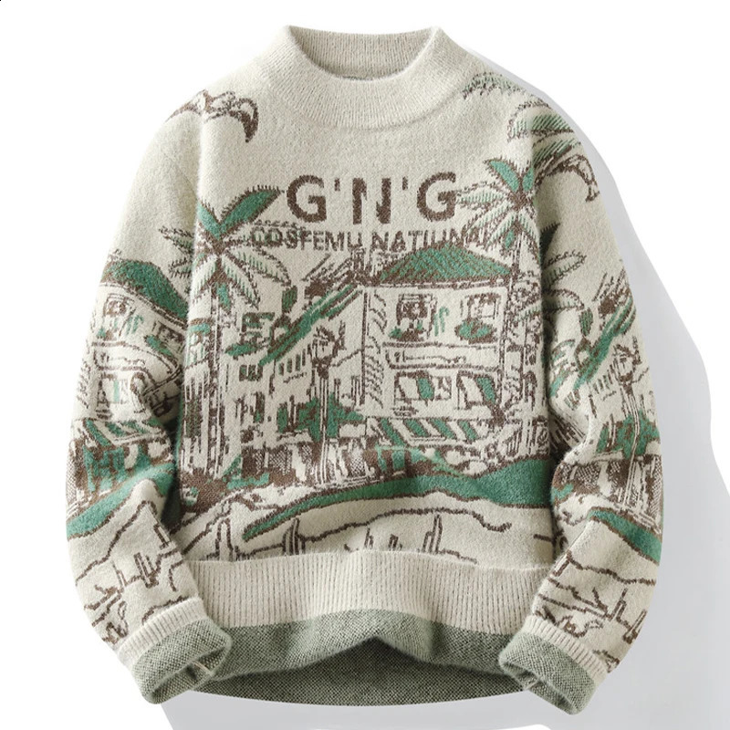 Retro Knitted Sweater Mens Casual Winter Crewneck Jacquard Thick Warm Korean Lanhua Youth Clothing Fashionable 240821