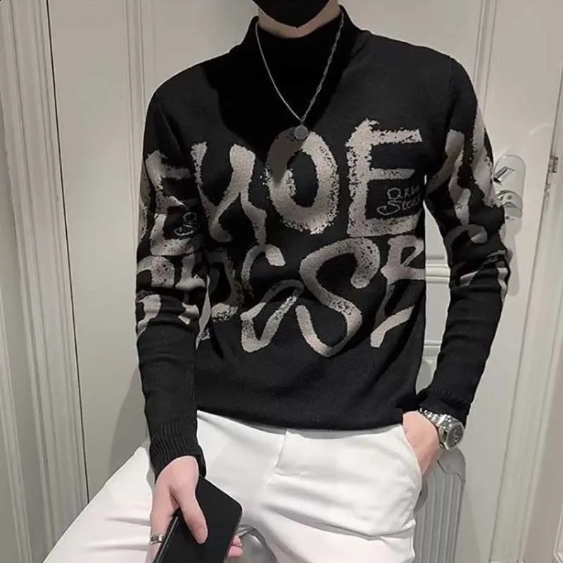 Fashion Stand Collar All-match Letter Sweaters Mens Clothing Autumn Winter Loose Knitted Casual Pullovers Korean Tops 240821