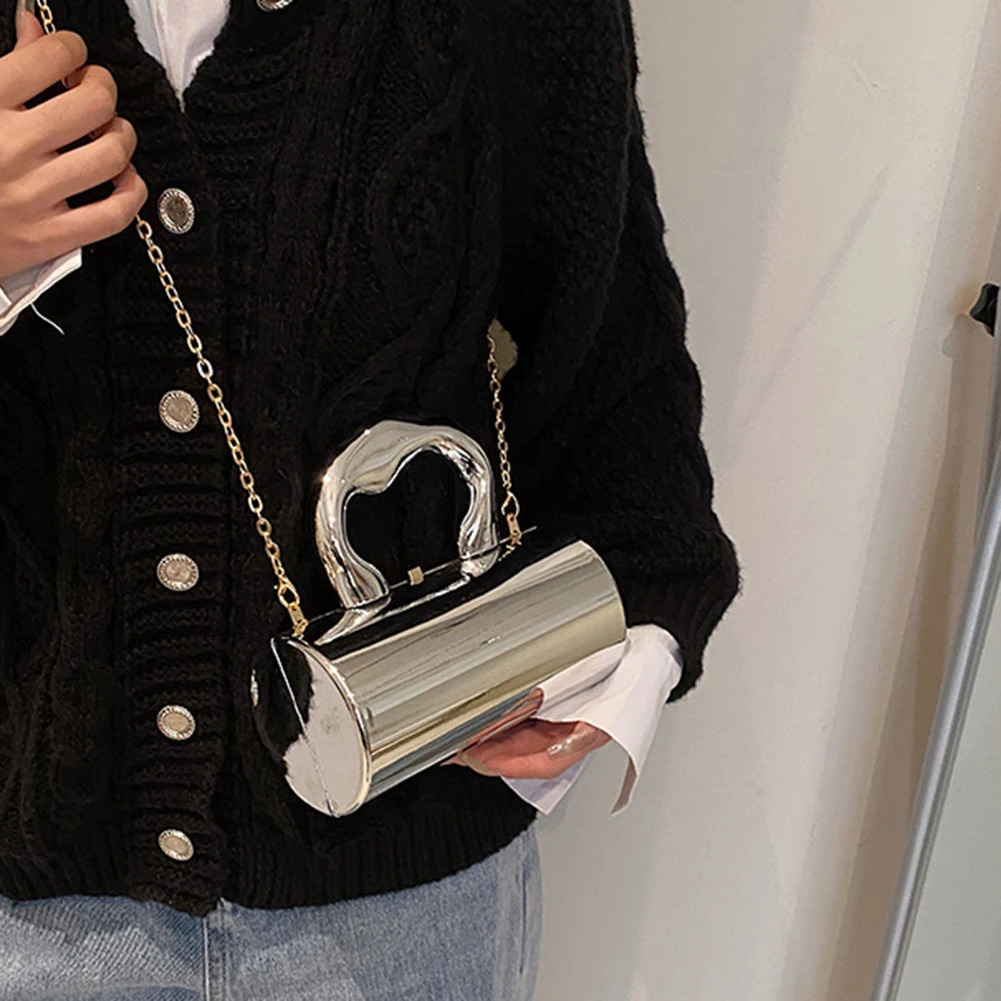 Fashionable cylindrical womens bag party clutch metal handle mini evening wallet Y2K cross body shoulder luxury design handbag 240822