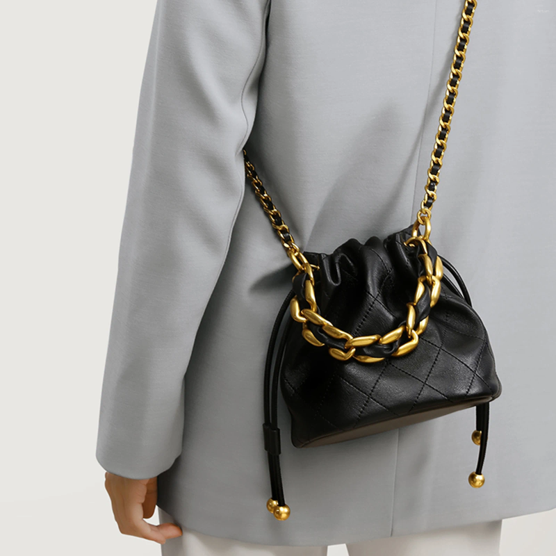 Drawstring TOUTOU Genuine Leather Quilted Bucket Bag Fashionable Chain Crossbody Women's Argyle Embroidered Wallet 7734 4
