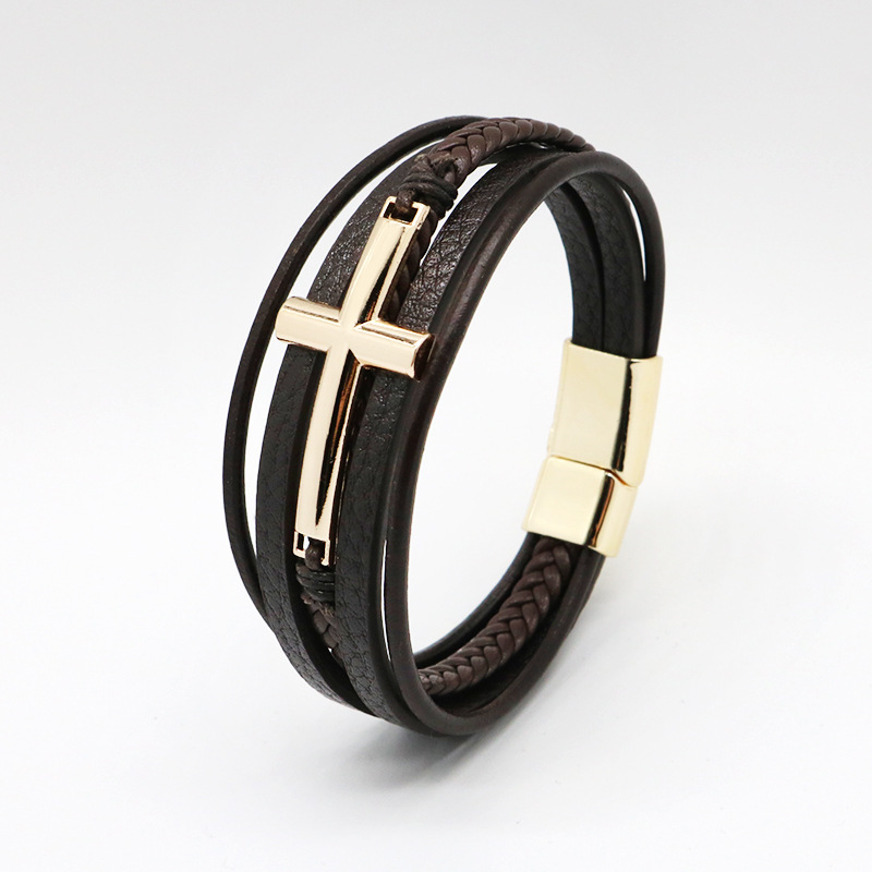 New Cross Leather Bracelet Men's Multi layer Leather Rope Weaving Bracelet Men's Alloy Bracelet