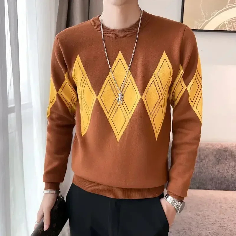 Knitted Sweaters for Men Pullovers Plaid Man Clothes Argyle Crewneck Round Collar Green Maletry Sweatshirts Thick Winter A Baggy 240821