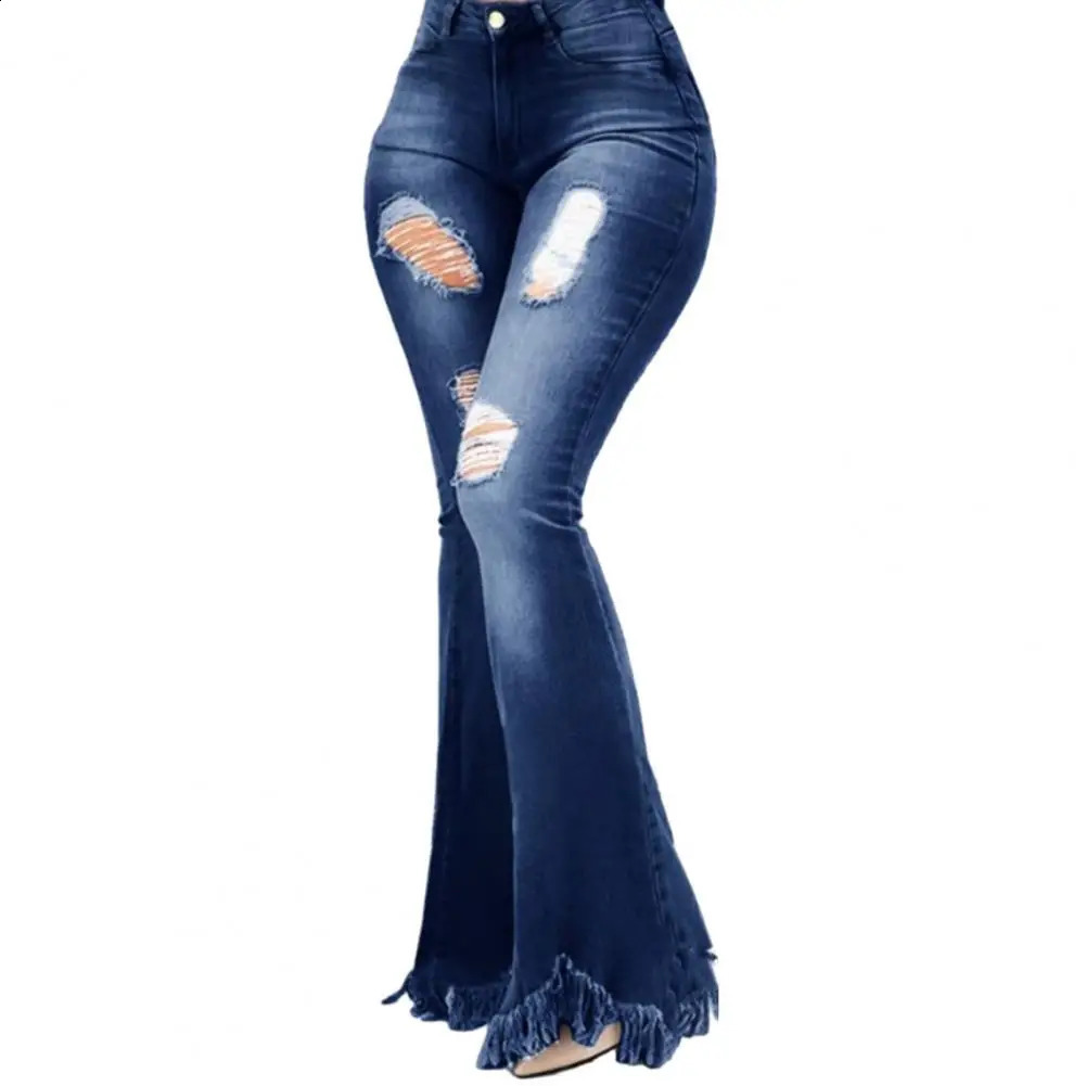 Denim Flared Women Pants High Waist Zipper Ripped Holes Tassel Cuffs Autumn Winter Jeans Z260313