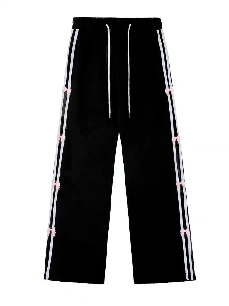 ADAgirl Oversize White Bow Joggers Women Y2k Hip Hop Fashion Stripe High Waist Wide Leg Sport Pants Streetwear Casual Sweatpants 240821