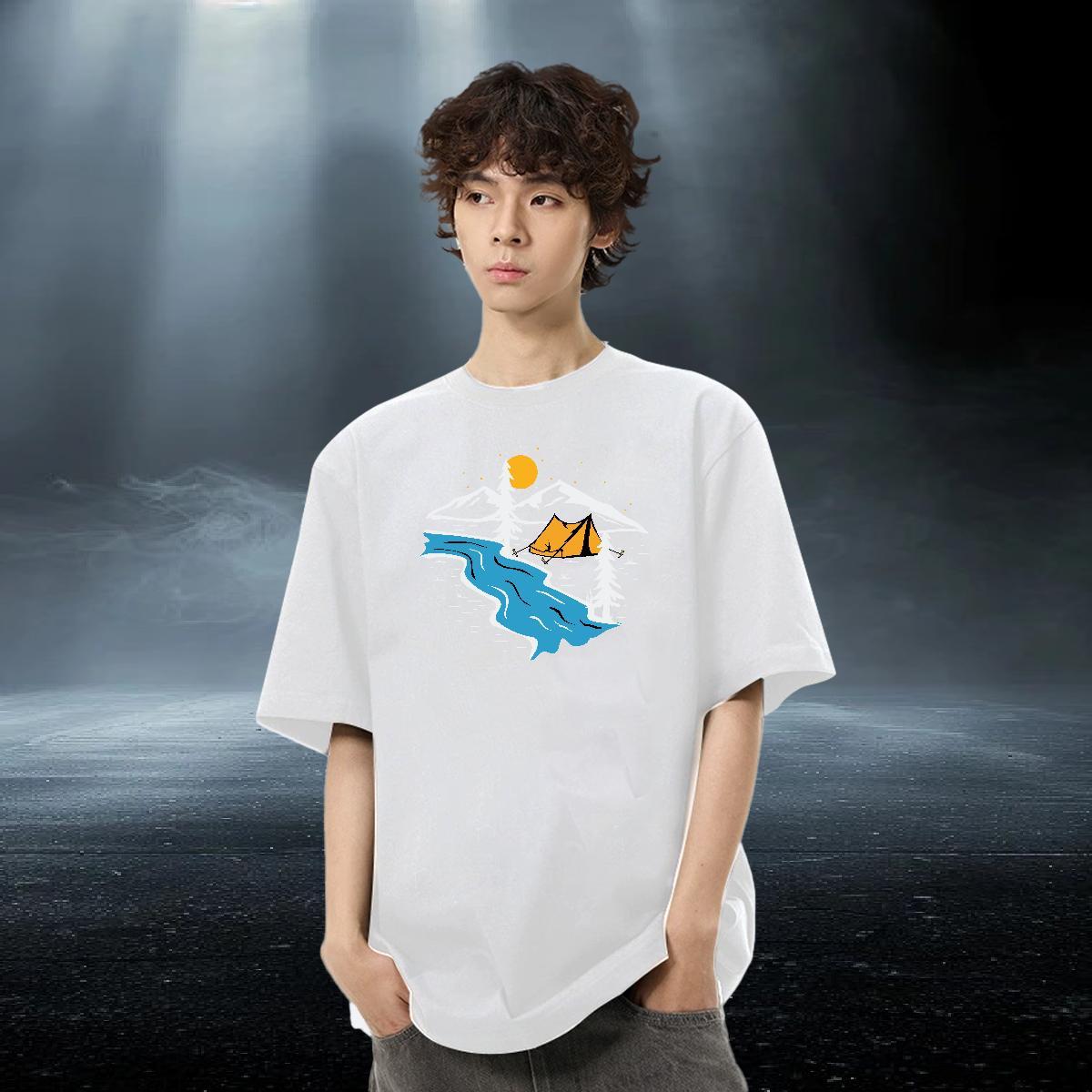 Classic Couples T Shirts Daily Wear 230g 100% Cotton Cartoon Print Pure Cotton mountains T Shirts Men Fashion Casual Tee Shirt