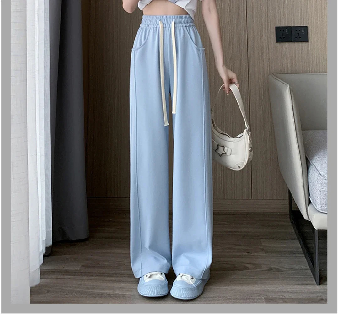 Blue Korean Fresh Drape Effect High Waist Trouser Fashion Female Summer Baggy Wide Leg Pants Street Classic Women Sweatpants Y2k 240821