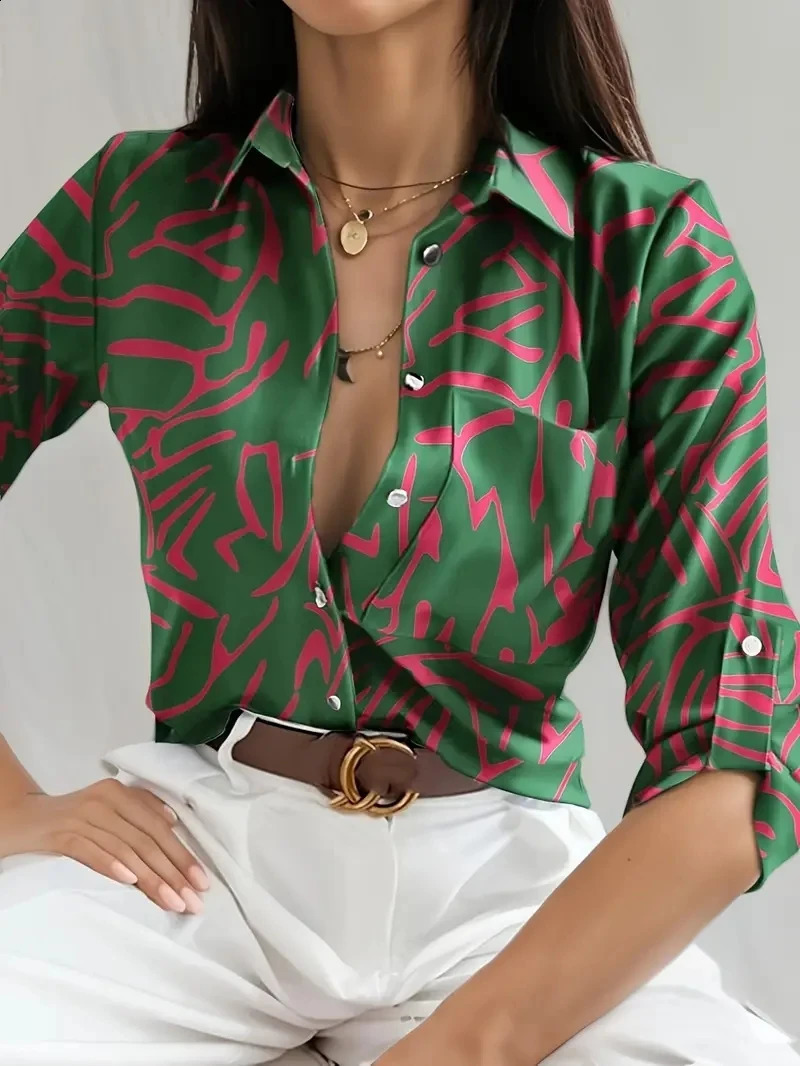 Elegant Women Blouse 2023 Spring and Autumn Temperament Top Long Sleeve Stripe Print Office Slim Fit Pocket Shirt 240821