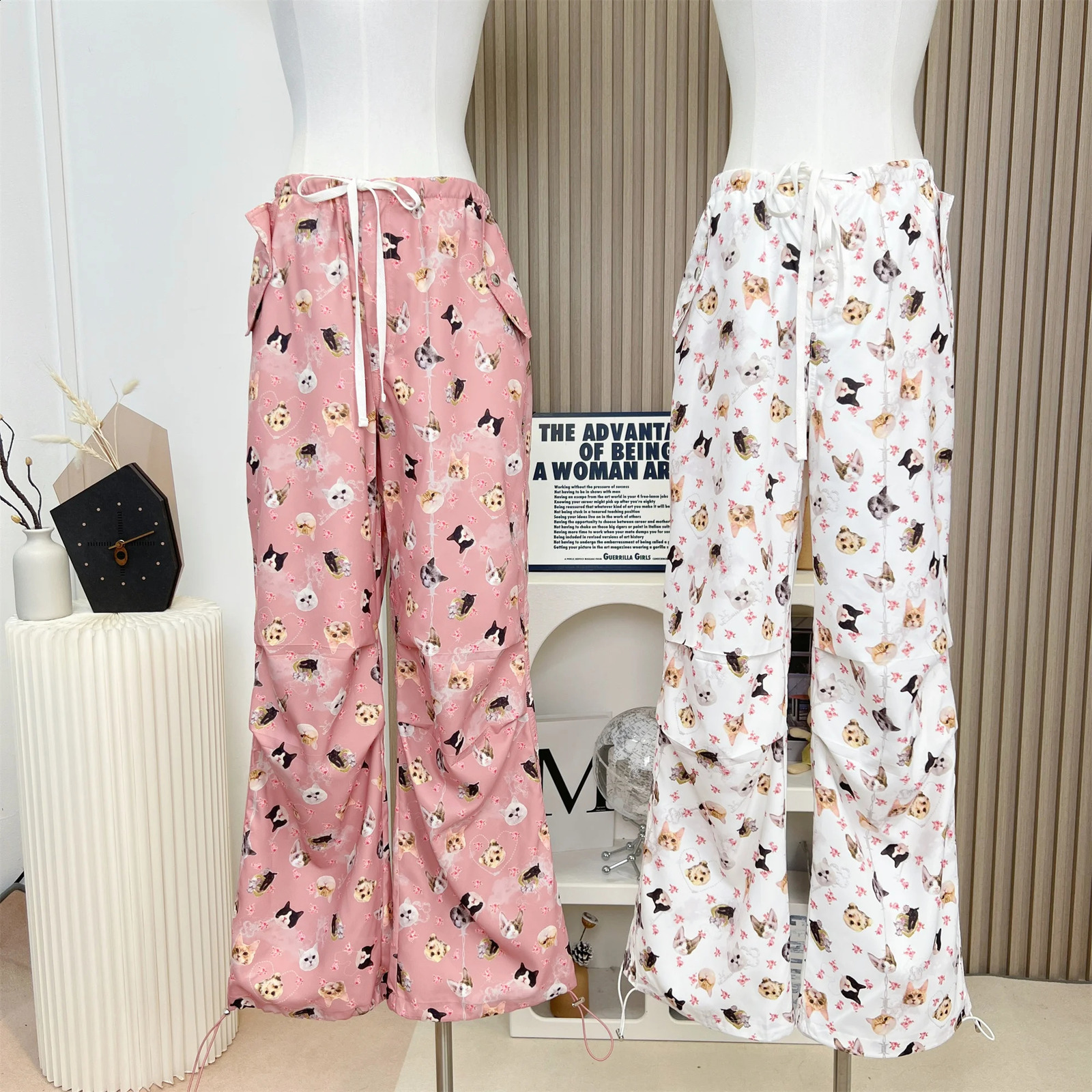 Womens Baggy Graphic Print Pink Parachute Pants Jogger Harajuku Streetwear Y2k 2000s High Waist Pants Vintage Trousers Clothes 240821