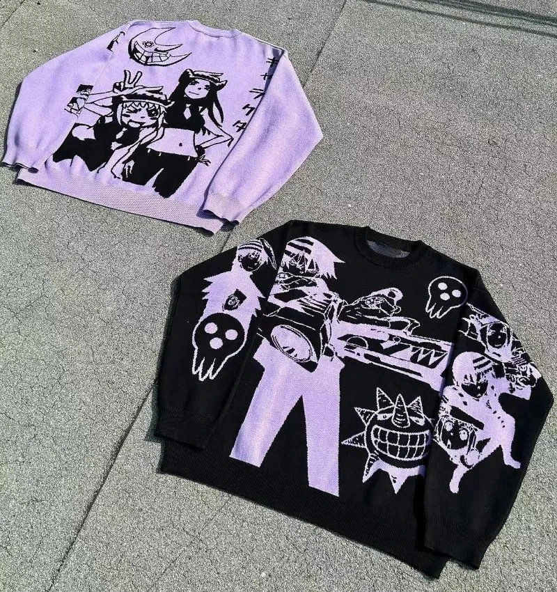 Y2K Sweater Cute Pullover Womens AutumnWinter Knitwear Harajuku Anime Pattern Large Street Style Couple Top 240821