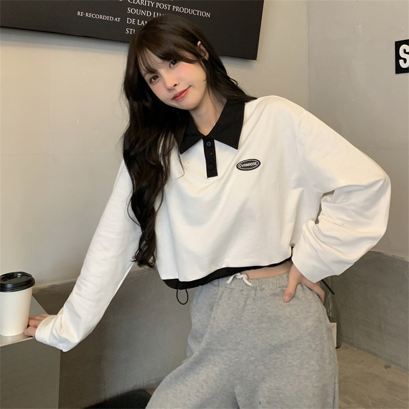 autumn slim design, loose and slimming, high waist short, drawstring long sleeved sweatshirt, women's lapel pullover top dongdumaoyi
