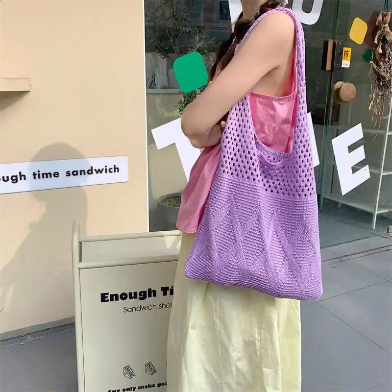 Casual Hollow Out Knitted Women Shoulder Bags Woolen Weave Large Capacity Tote Bag Summer Beach Big Shopper Purses 2024 240821