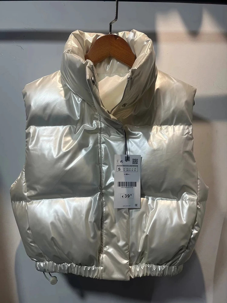 Winter Warm Sliver Glossy Puffer Vest Women Black Stand Collar Bodywarmer Vest Women Fashion Zipper Elegant Short Vests Female 240822