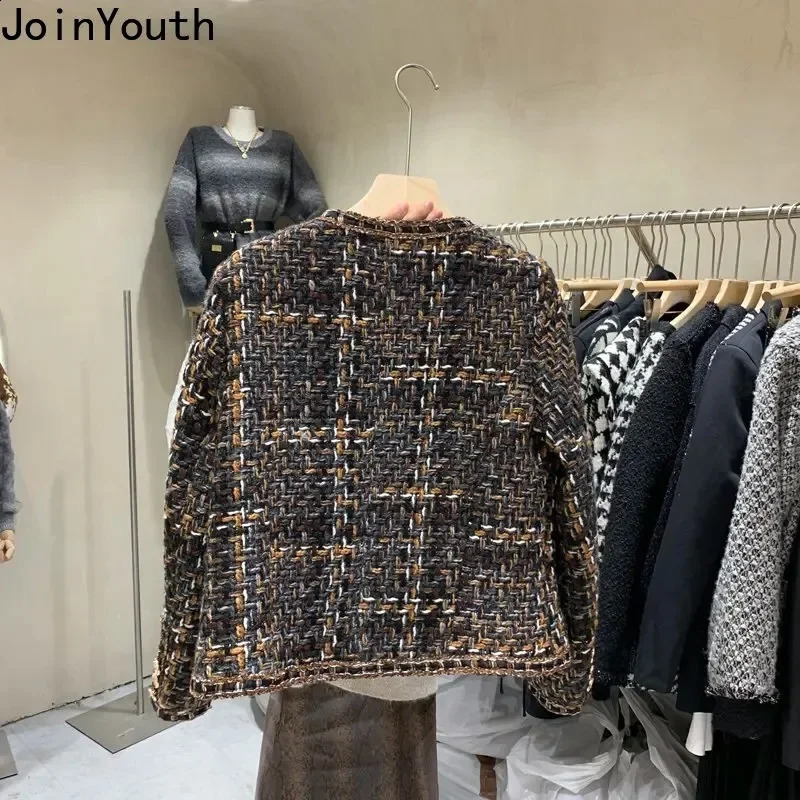 Lanjia- Vintage Jackets Women Clothing O-Neck Long Sleeve Pocket Tweed Temperament Tops Fashion Korean Cropped Coat Y2k Clothes 02056