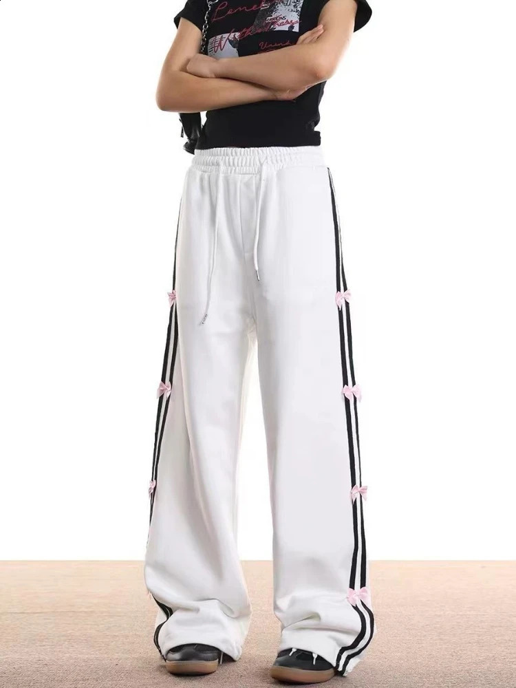 ADAgirl Oversize White Bow Joggers Women Y2k Hip Hop Fashion Stripe High Waist Wide Leg Sport Pants Streetwear Casual Sweatpants 240821