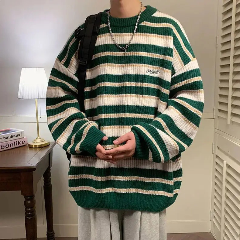 Lazy Retro Striped Sweater Men Women Autumn Winter Thick Knit Casual Embroidered Knit Pullover Sweater Jacket Couple 240821