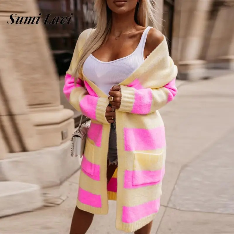 Fashion Clashing Patchwork Cardigan Jacket Autumn Women Casual Loose Sweater Coat Winter Elegant Long Sleeve Long Knitted Coats 240813