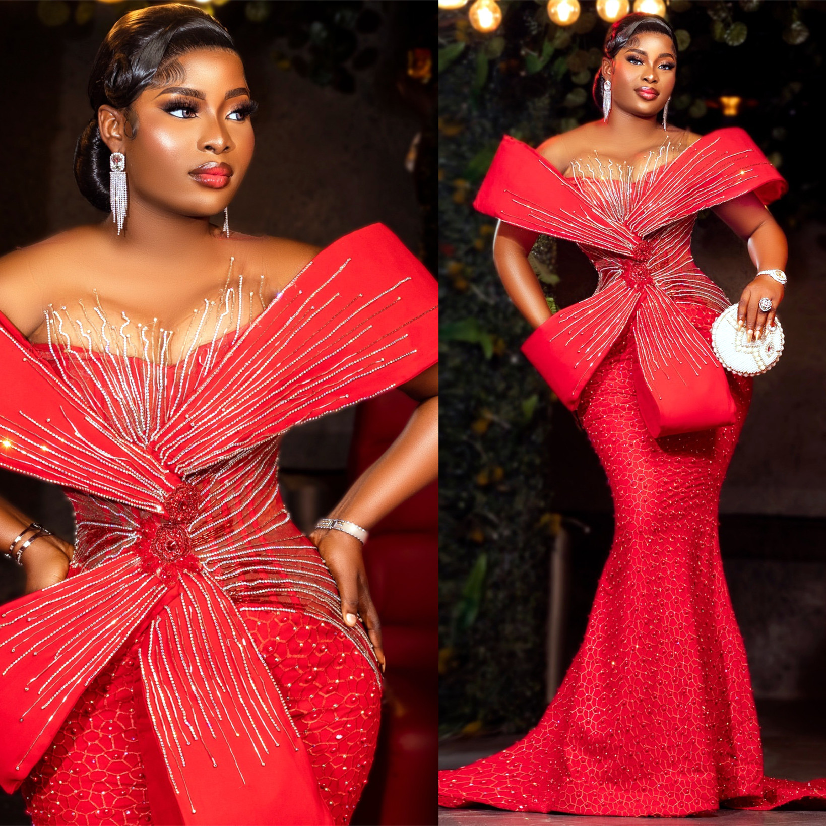 African Aso Ebi 2024 Red Mermaid Prom Dress Sequined Lace Dresses For Special Occasions Sheer Neck Evening Formal Party Birthday Second Engagement Gow