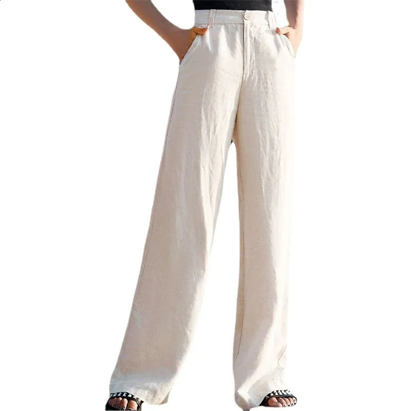 Korean Womens Pants Spring Summer Cotton Linen Wide Leg Pants Y2k Casual Solid White Loose High Waist Straight Trousers Women 240821