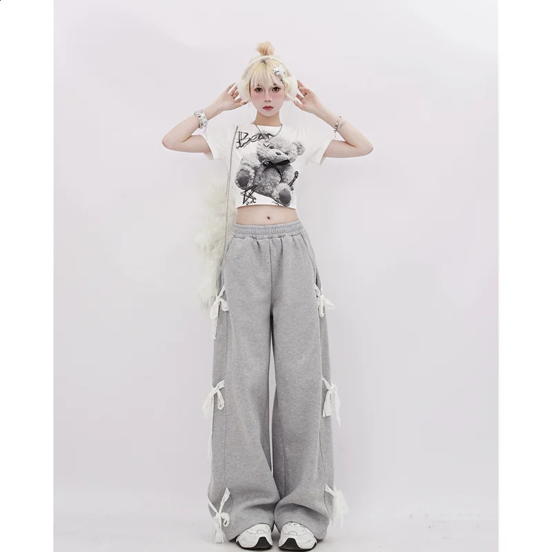 Womens gray bow oversized sports pants Y2k retro 2000s high waisted pocket mens Harajuku streetwear wide leg glitter clothing 240821
