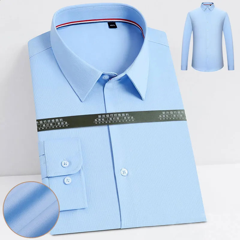 Bamboo fiber mens long sleeve shirt pocket-free solid color anti-wrinkle all-in-one business casual breathable wear free 240822