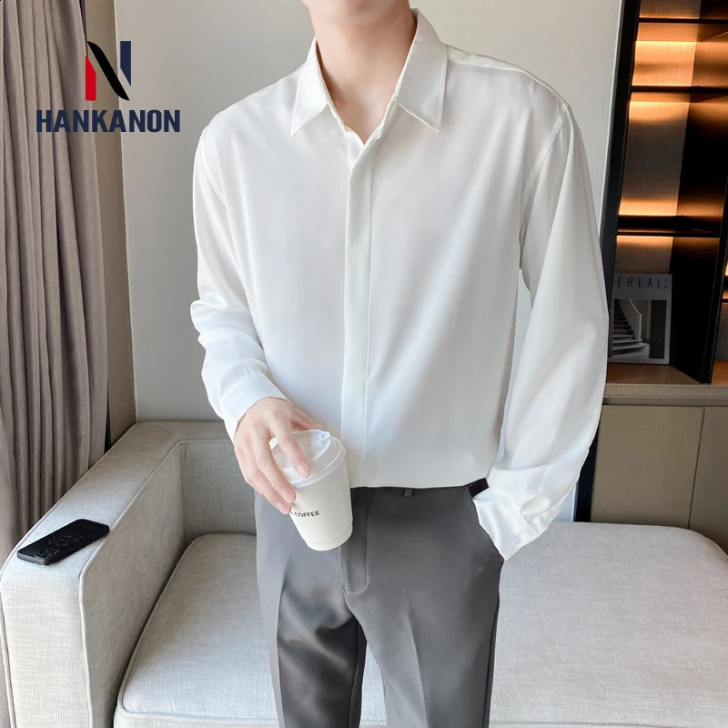 Youth Solid Color Business Casual Mens White Long-sleeved Shirt.Mens Business Casual Shirt Formal Dress Inner Wear. 240822