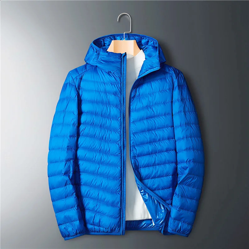 Winter mens ultrathin down jacket white duck hooded long sleeved warm Parka portable model 240822
