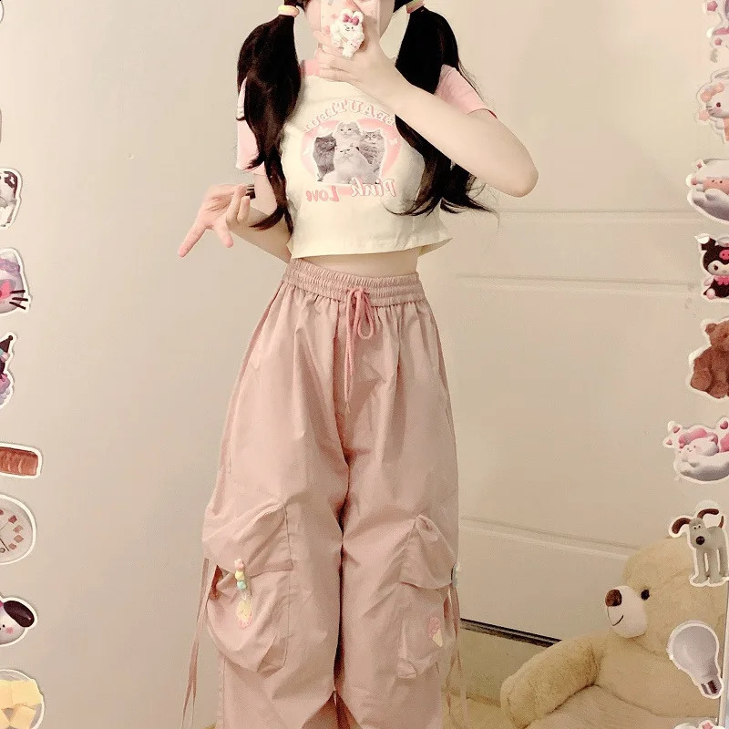 Blue Sweet Japanese Versatile Trend Embroidered Casual Trousers Women Summer High Waist Loose Multi Pocket Wide Leg Cargo Pants 240822