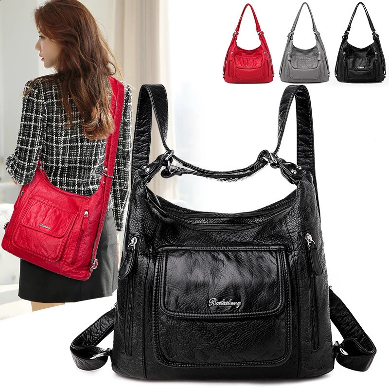 Women Leather Handbags Vintage Soft Large Capacity Casual Tote Bag High Quality Female Shoulder Bags Sac 240821