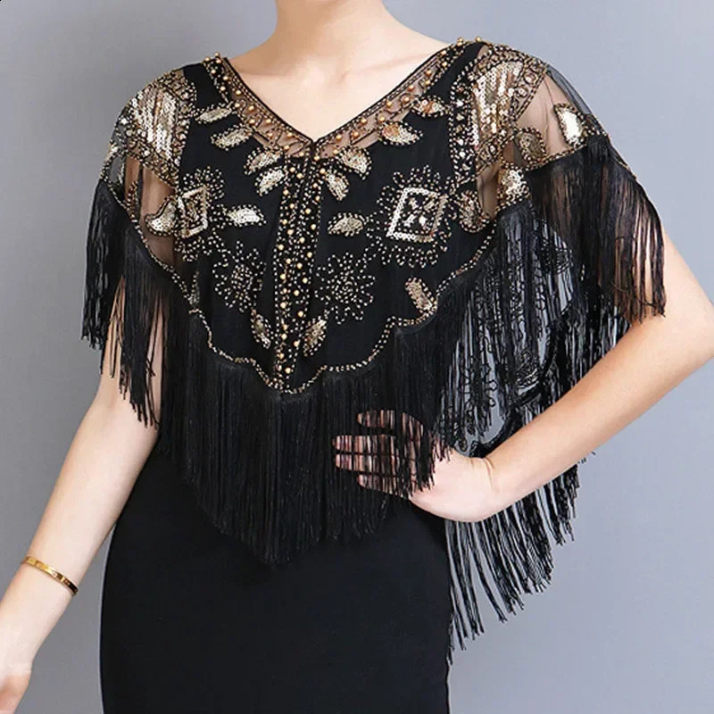 Summer Sequins Tassels womens coat party set Cape Mesh jacket womens cape shawl Casaco coat wrapped womens clothing 240822