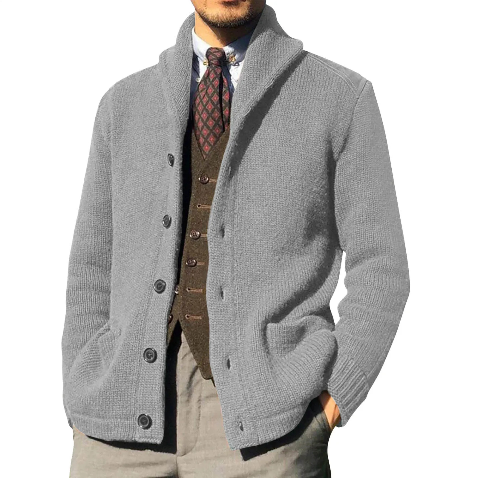 Mens Knitted Sweater with Collar Long Sleeve Thick Open Wool AutumnWinter Solid Button Warm 240821