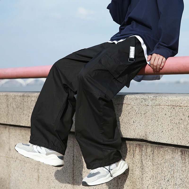 Vintage Cargo Pants Men Fashion Streetwear Pockets Wide Leg Straight Y2k Casual Trousers Baggy Drawstring Overalls Black/Gray 240822