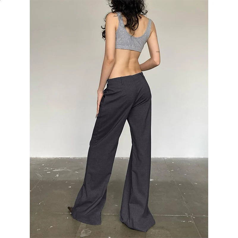 Summer Women Fashion Grey Suit Pants Streetwear 2000s Low Rise Button Up Loose Casual Pants Vintage y2k Trousers Korean Grunge 240821
