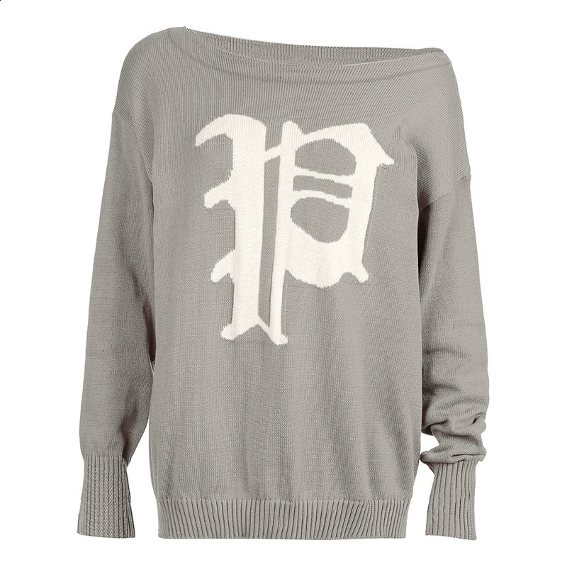 HEYounMIRL Womens Slophy Fit Y2K Sweater Letter Printing Autumn Long Sleeve Khaki Knitted Pullover Casual Loose 240821
