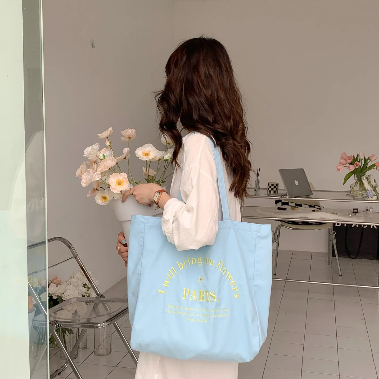 Letter Embroidered Womens Canvas Shoulder Bag Large Capacity Student Travel Casual Tote Handbags Female Eco Shopping Bags 240821