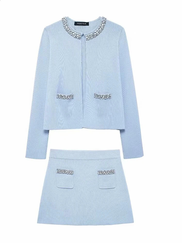 KAOPU ZA womens jewelry knife cardigan and patch pocket mid rise mini skirt twopiece set mujer 240821