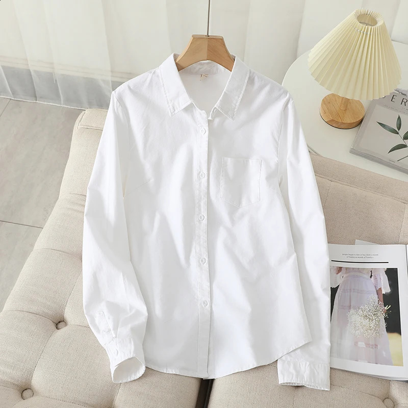 Casual Cotton Womens Oxford Shirt Autumn Good Quality Woman Blouse And Tops Lady White Blue Striped Shirts Clothes 24