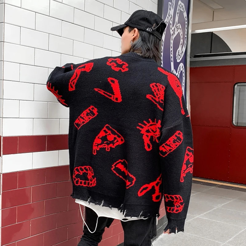 Autumn and Winter Extra Large Sweater Mens Harajuku Hip Hop Punk Tear Hole Pulling Green Black Orange Jersey Unprinted Good Product 240821