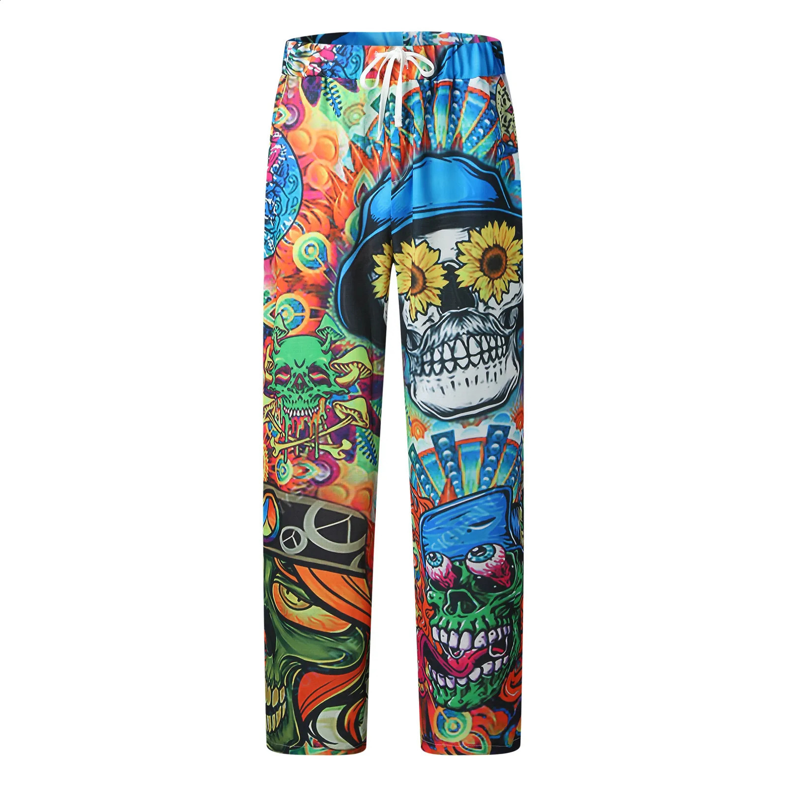 Large Size Pants For Men Fashion Casual Vintage Printed Linen Pocket Lace Up Trousers Summer Breeches Oversize Sweatpants 240822