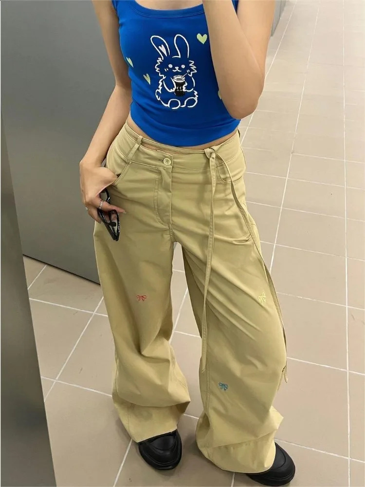 HOUZHOU Y2k Vintage Cargo Pants Woman Harajuku Embroidery Casual Gyaru Wide Leg Trousers Korean Fashion Streetwear Spring Loose 240821