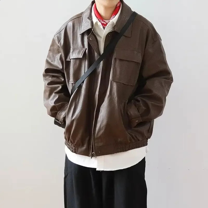 American Style Pu Leather Jacket For Men Spring Autumn Vibe Street Windproof Instrendy Flight Pilot Top Casual Loose Fit 240822