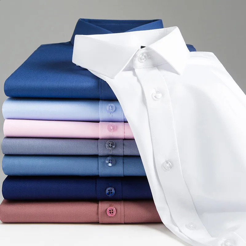 Elastic long sleeved white shirt for mens suit business dress casual silk smooth and wrinkle resistant bamboo fiber shirt 240822