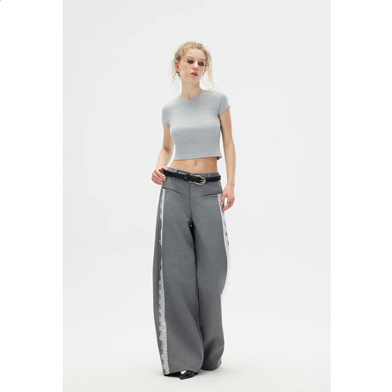 Womens Grey Lace Patchwork Pants Y2k Vintage Harajuku Casual Fashion Pants 90s Aesthetic High Waist Trousers 2000s Clothes 240821