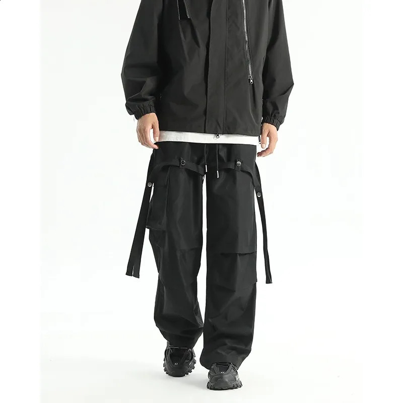 Autumn Mens Baggy Pants Ribbons Pockets Knee Pleated Loose Long Straight Hip Hop Trousers Male Oversized Cargo Pants 240822