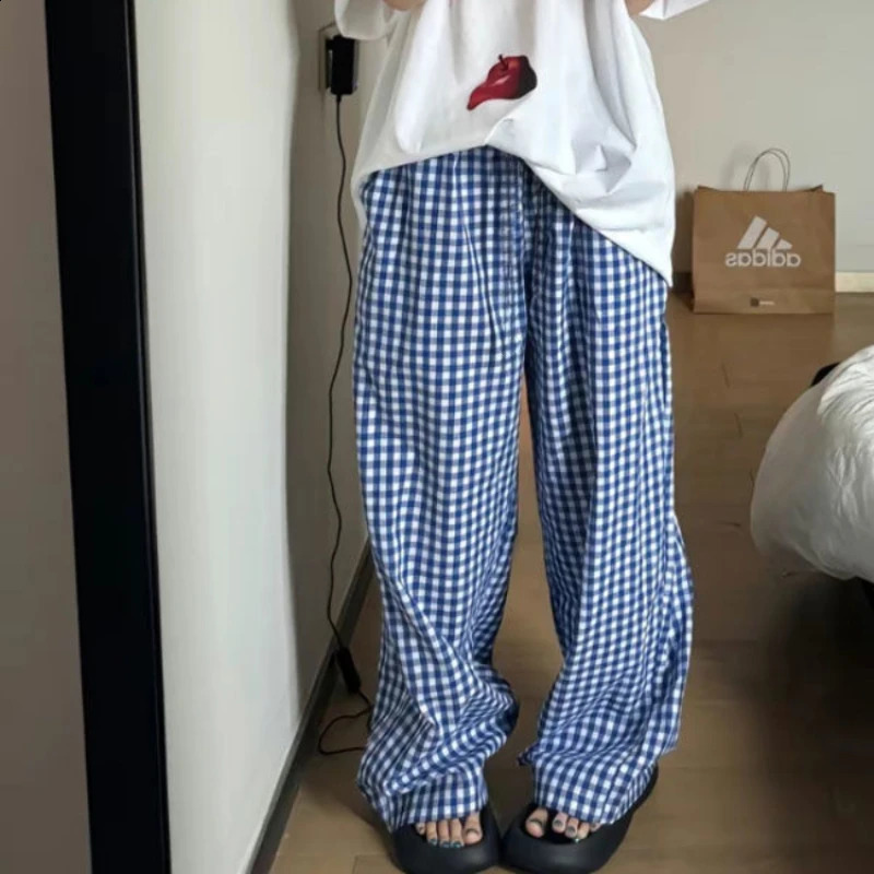 QWEEK Vintage Plaid Y2k Pants Woman Casual Harajuku Oversized Trousers Korean Fashion Wide Leg Summer Japanese 2000s Pockets 240821