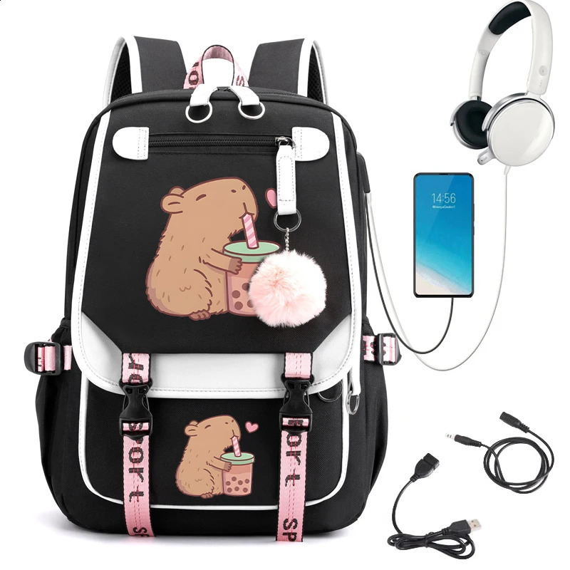 Youth Backpack Kawaii Capybara Bpba Tea School Girls Childrens Usb Rechargeable 240822