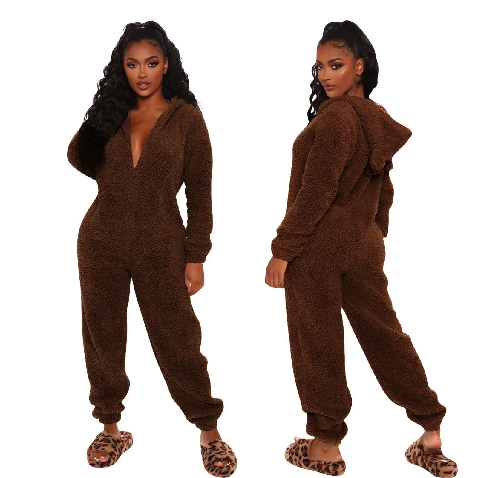 Plush Jumpsuit Women Overalls Long Sleeve Hooded Fashion Streetwear Jump Suits Autumn Winter Clothes Home Wear Pajama Playsuits 240821