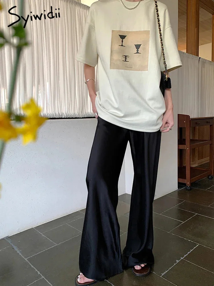 6 Colors Elegant Satin Wide Leg Pants Women Korean Fashion Casual Pants Spring Summer Straight Trousers Y2k Clothes 240821