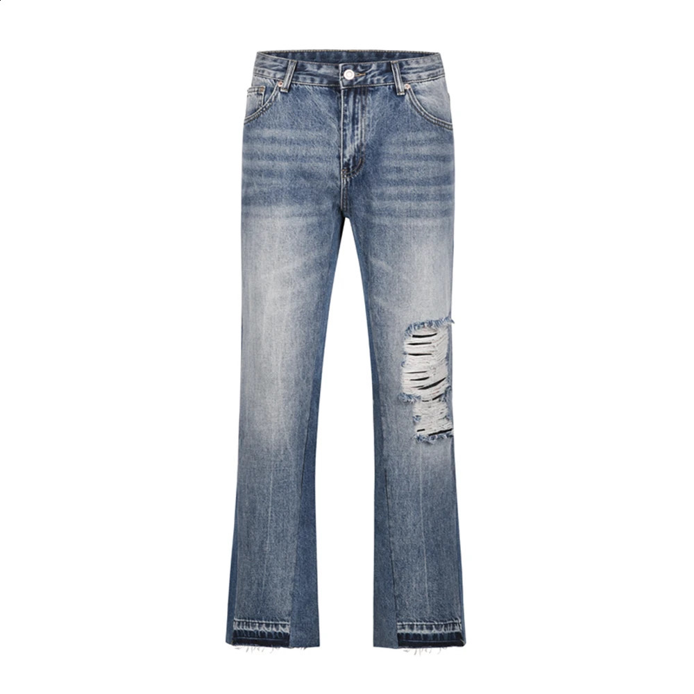 Contrast Color Hole Washed Blue Jeans for Men Streetwear Loose Ripped Flare Pants Frayed Retro Casual Oversized Denim Trousers 240821