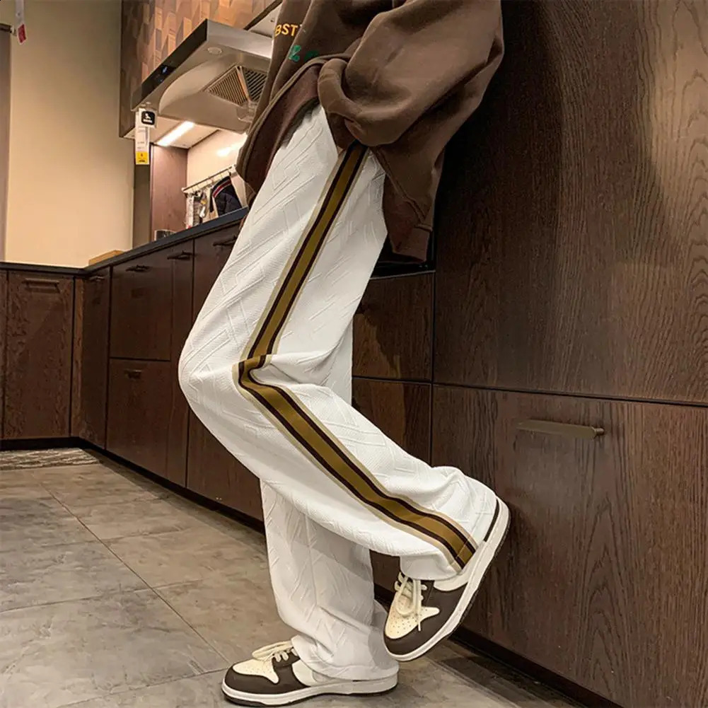 Men Pants Color Matching Wide Leg Drawstring Geometric Texture Trousers Elastic Waist Loose Hip Hop Trousers Mens Clothing 240822