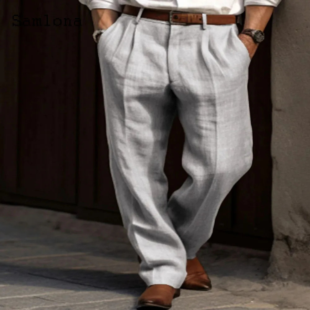 Samlona Men Casual Straight Linen Pants Solid Khaki White Stand Pocket Trousers Plus Size Mens Elegant Fashion Sweatpants 240822